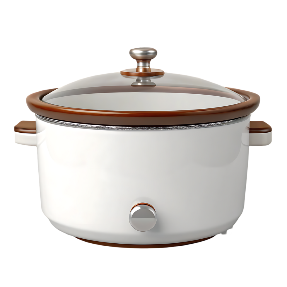 White slow cooker with brown accents and glass lid. png