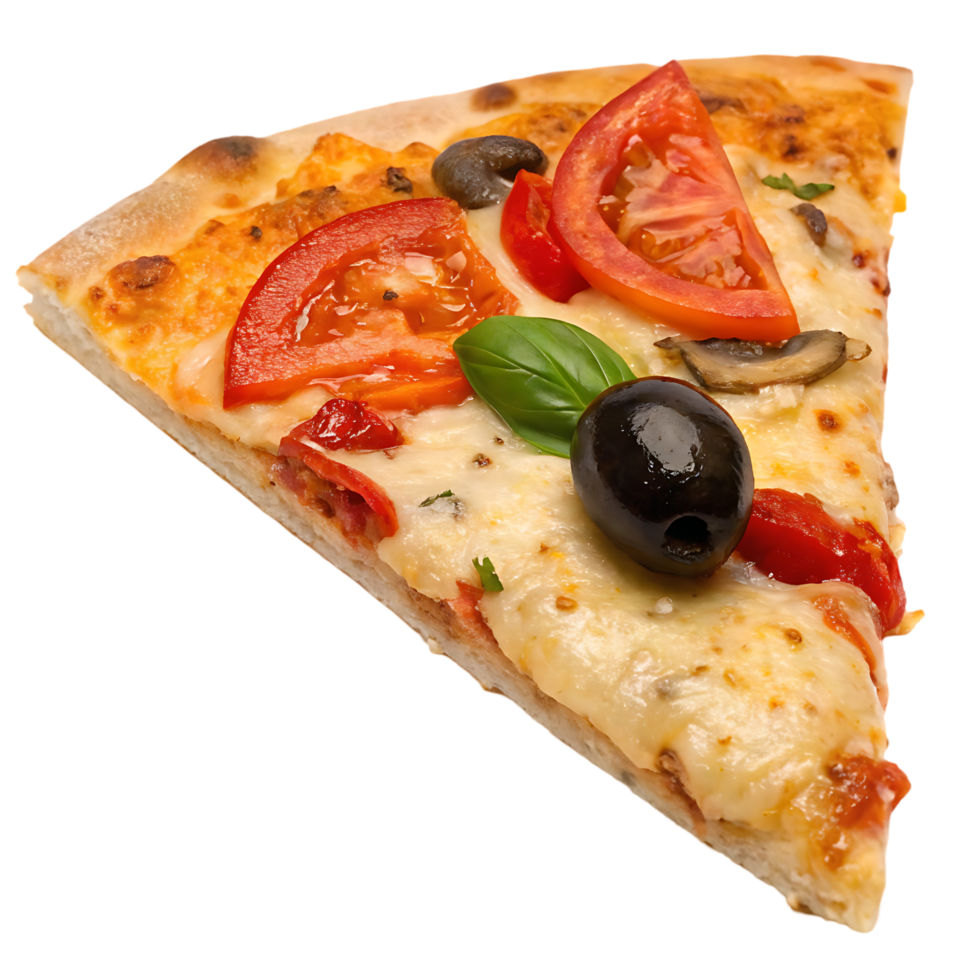 Delicious slice of pizza with tomatoes, olives, and mushrooms. png