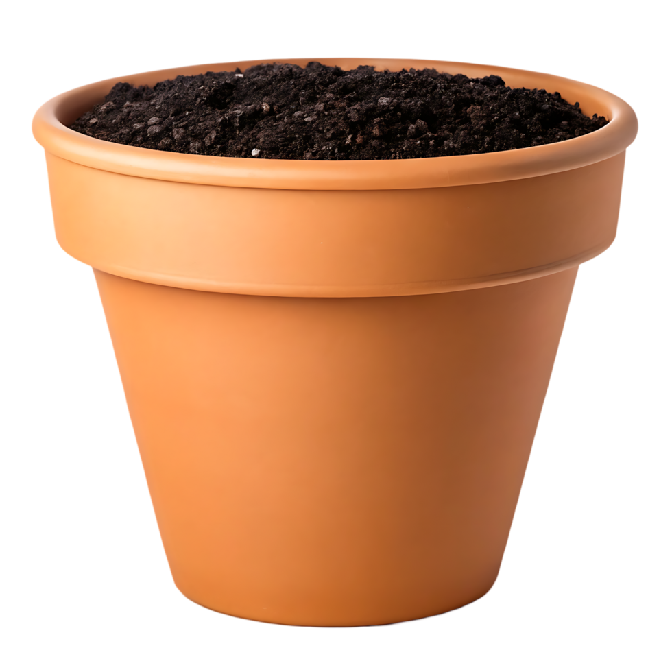 Empty terracotta pot filled with soil, ready for planting. png