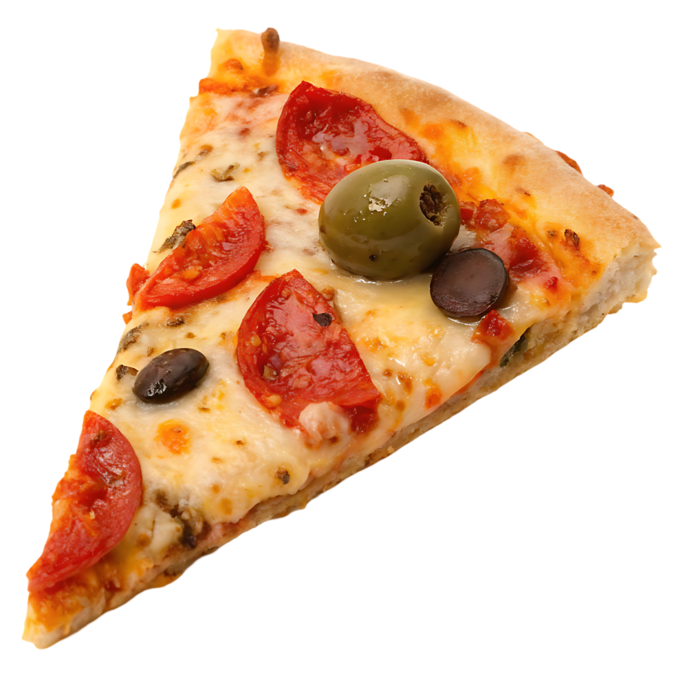 Delicious slice of pizza with olives and tomatoes. png