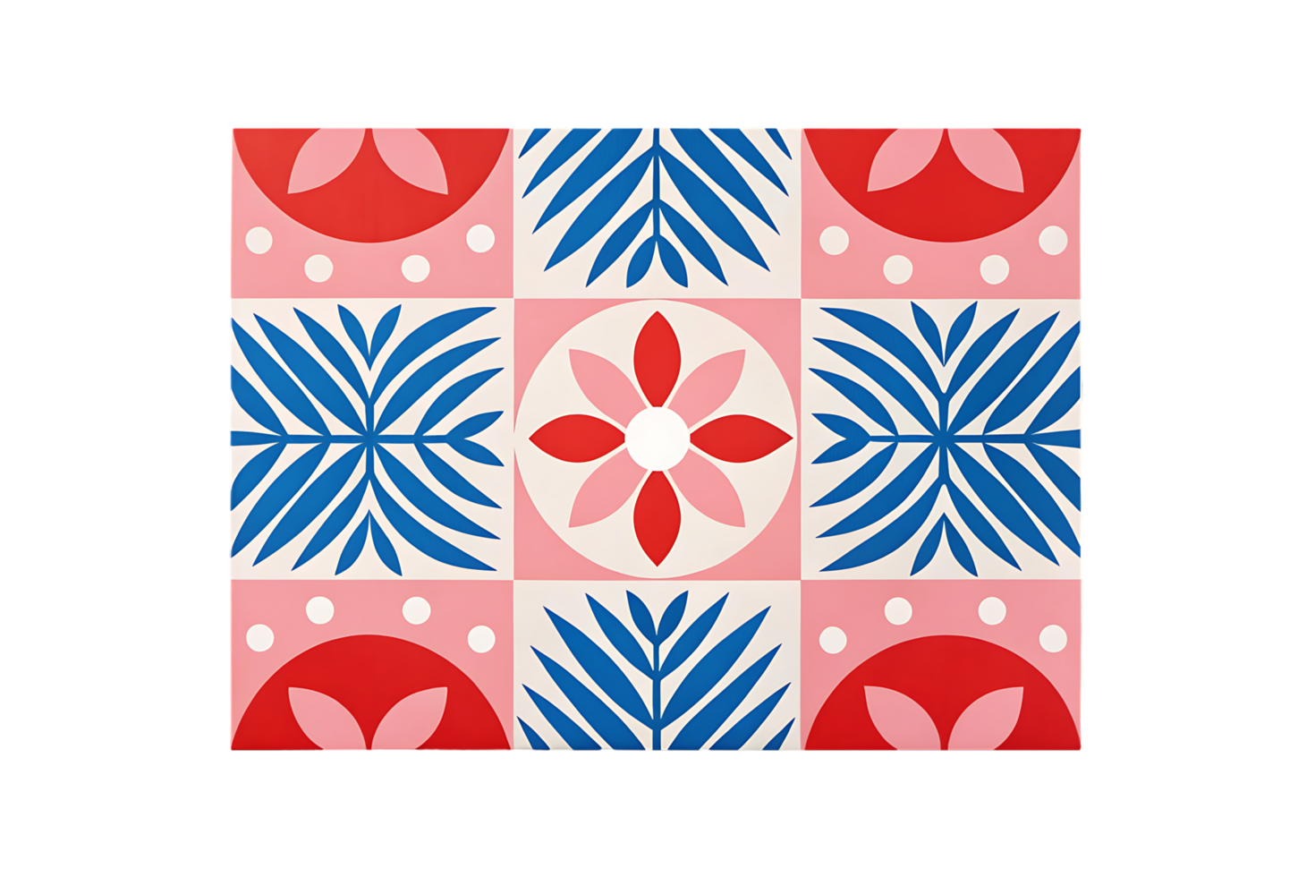 Geometric pattern with flowers and leaves in pink, red, and blue. png