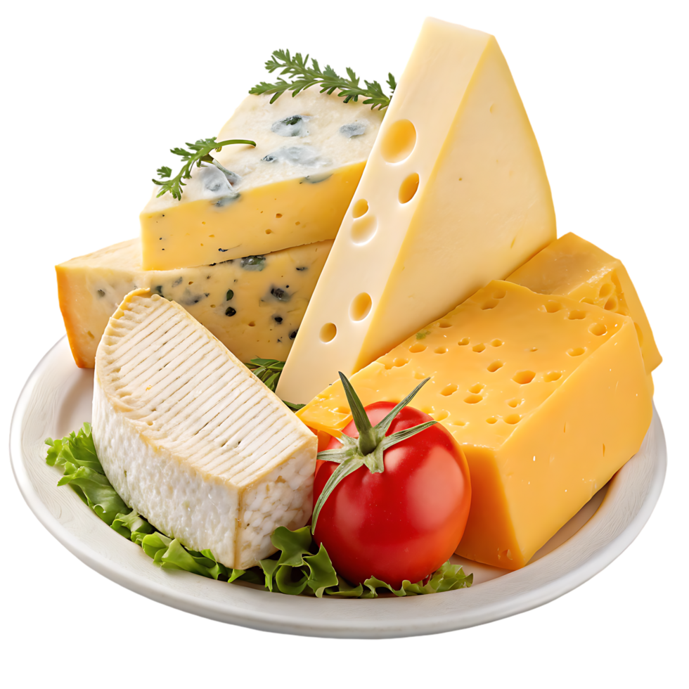 Variety of cheeses on a plate with tomato and lettuce. png