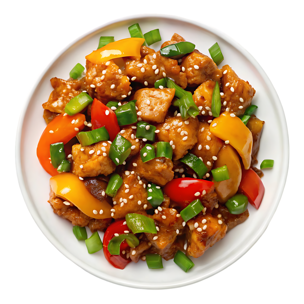 Delicious sweet and sour chicken stir fry with bell peppers and sesame seeds. png