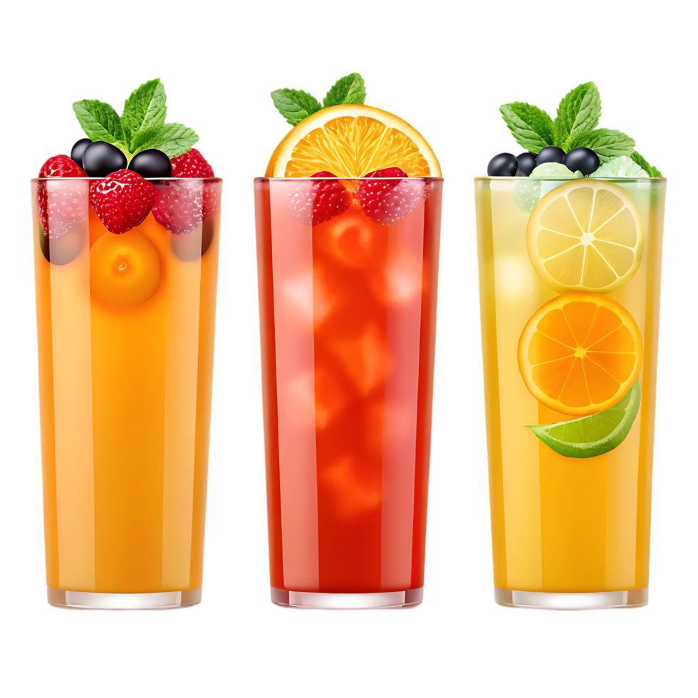 Three glasses of delicious fruit drinks with ice and fresh fruit. png