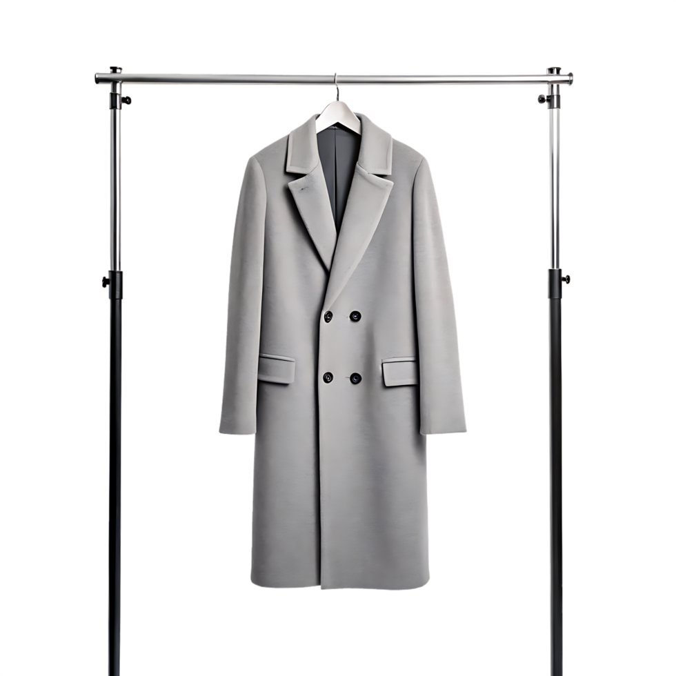Grey double breasted overcoat on a clothes rack. png