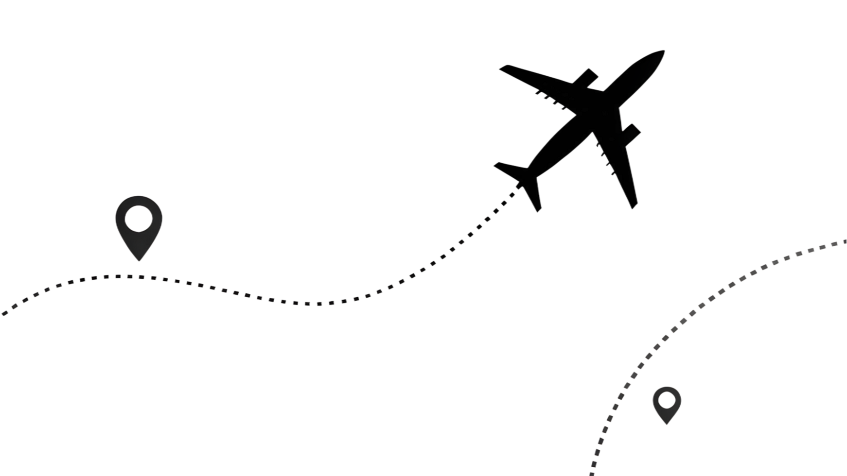 Airplane flying between two locations, route shown with dotted line. png