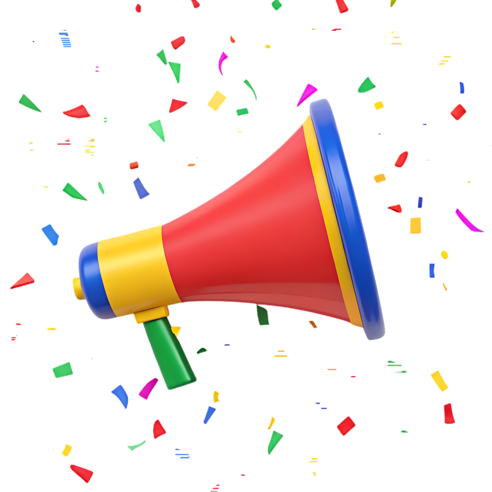 Colorful megaphone with confetti. Announcement, news, event concept. png