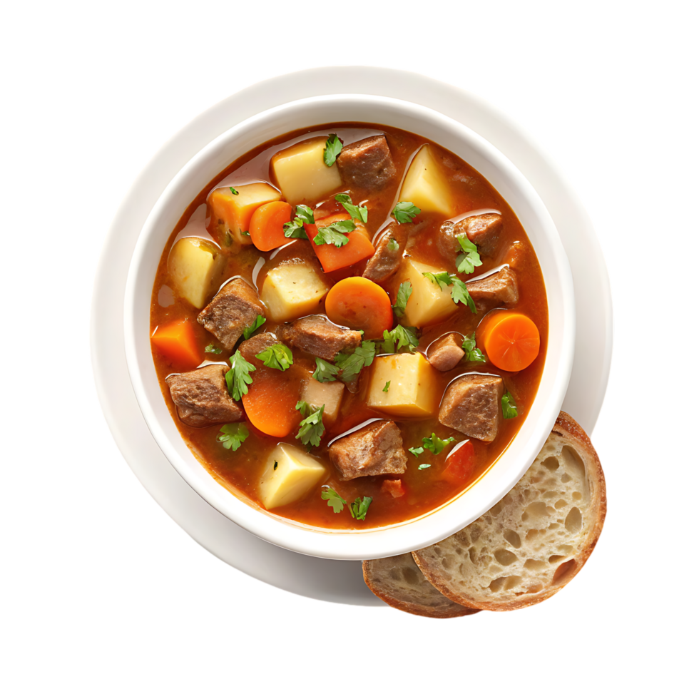 Delicious beef stew with potatoes and carrots, served with crusty bread. png