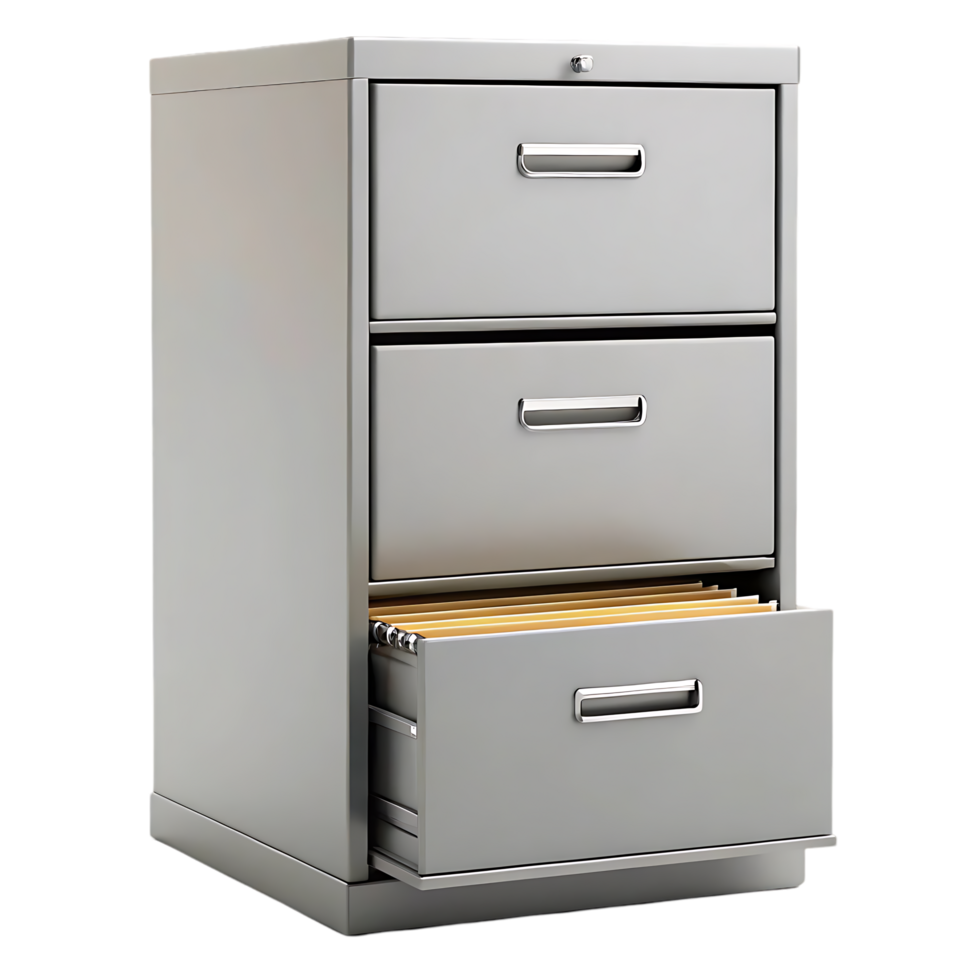 Three drawer metal filing cabinet with one drawer open, showing files. png