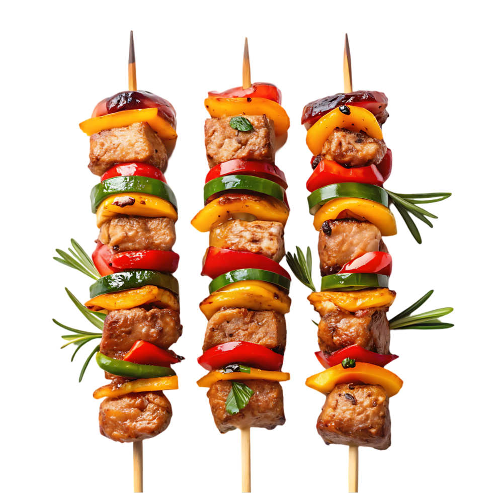 Delicious grilled meat and vegetable skewers. png