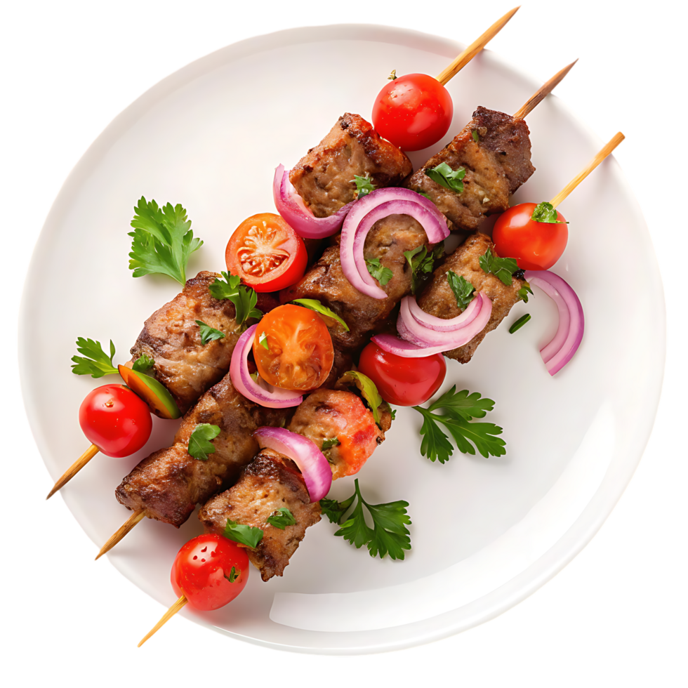 Delicious grilled meat skewers with cherry tomatoes png