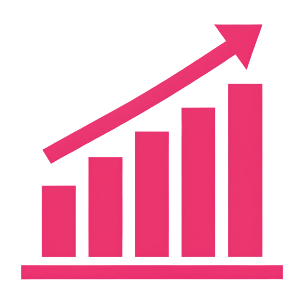 Pink bar graph with upward arrow, showing growth and success. png