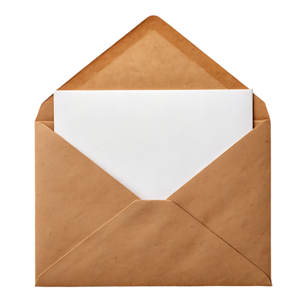 Open kraft paper envelope with blank white card inside. png