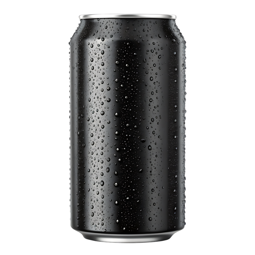 Sleek black aluminum can with condensation. Perfect for beverage branding. png