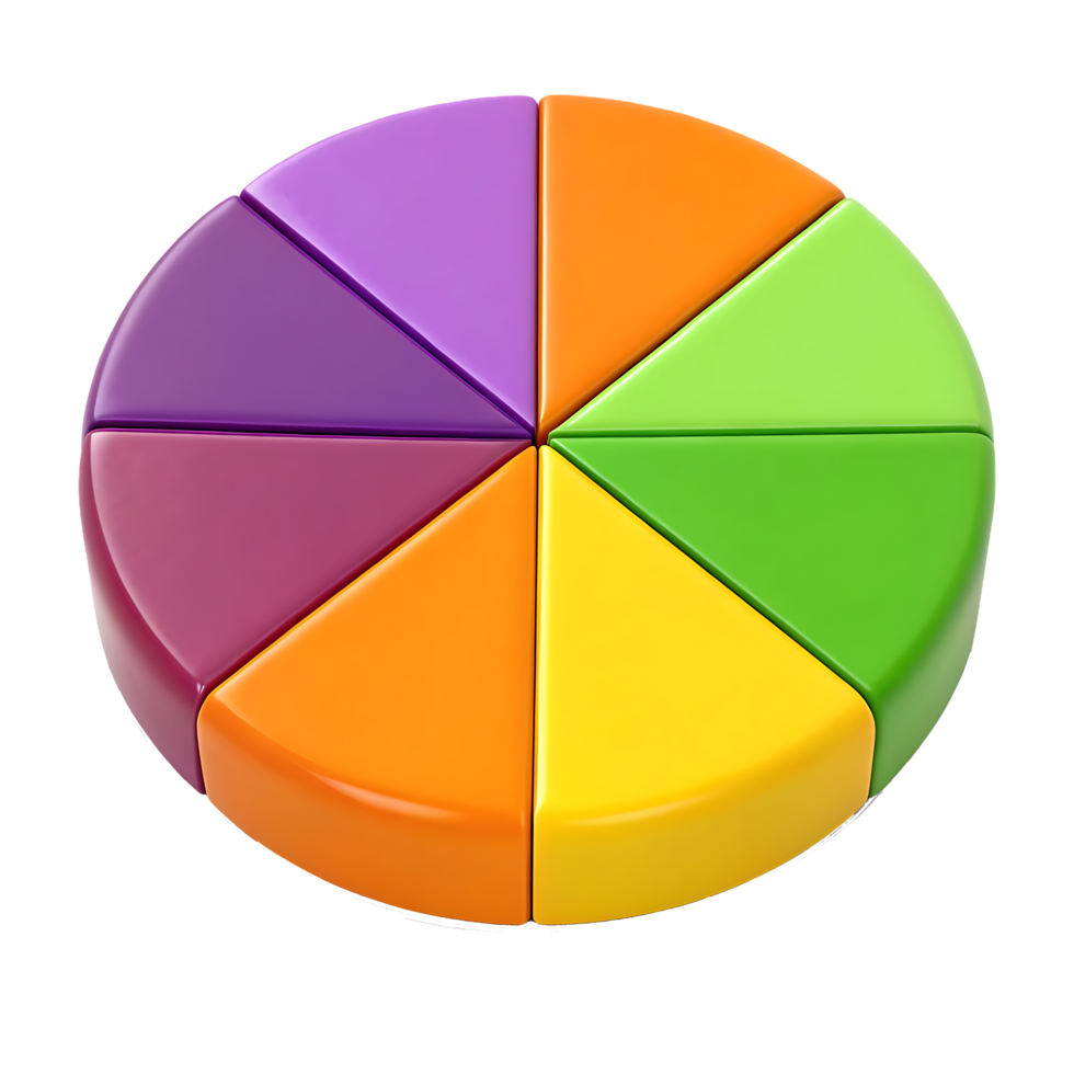 Colorful 3D pie chart, vibrant segments, glossy finish, rainbow colors, data visualization png