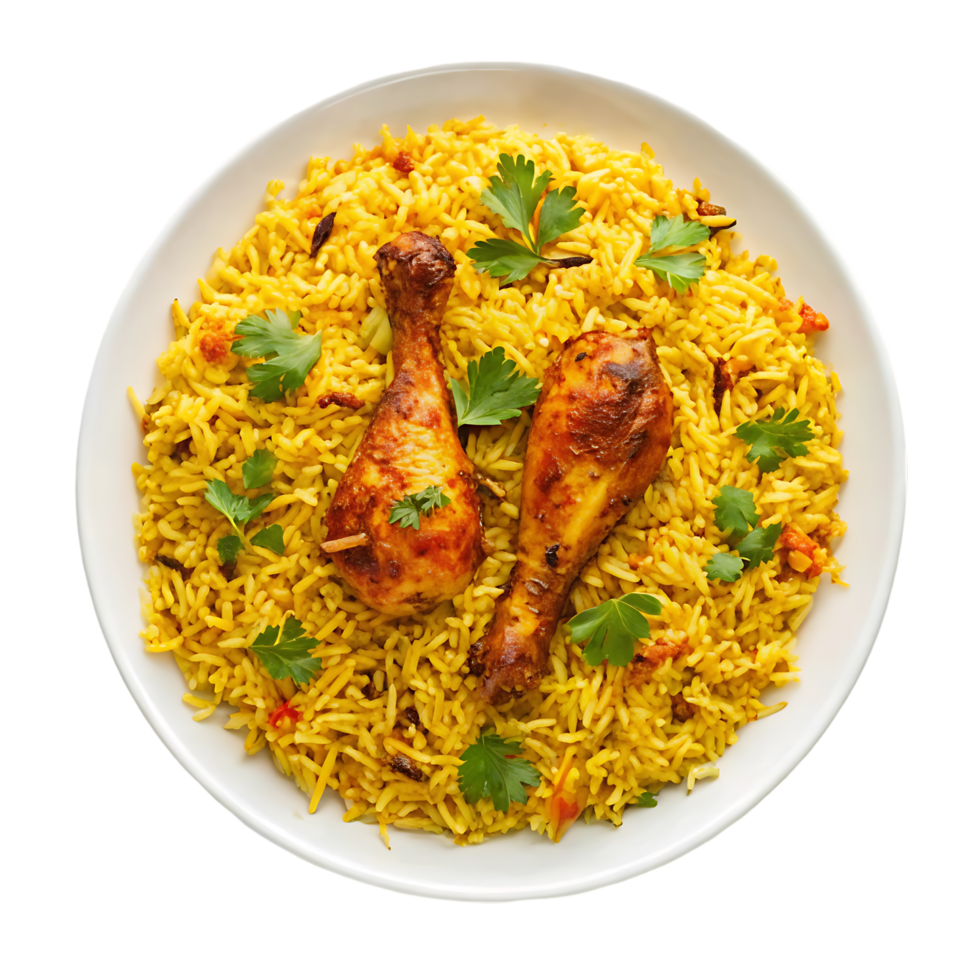 Delicious Chicken Biryani, Indian cuisine, Yellow saffron rice, roasted chicken drumsticks, cilantro garnish, spiced biryani, overhead view png