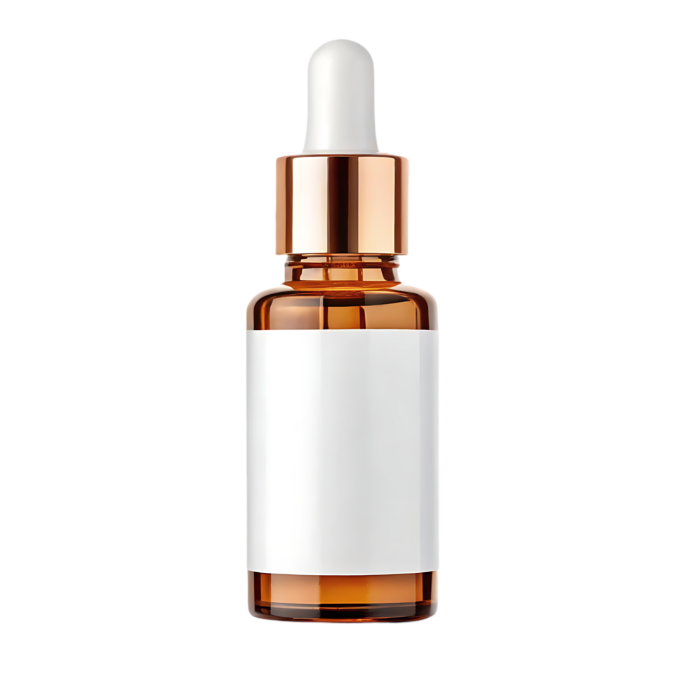 Amber glass dropper bottle with blank label. Mockup for essential oils, serums, or skincare products. png