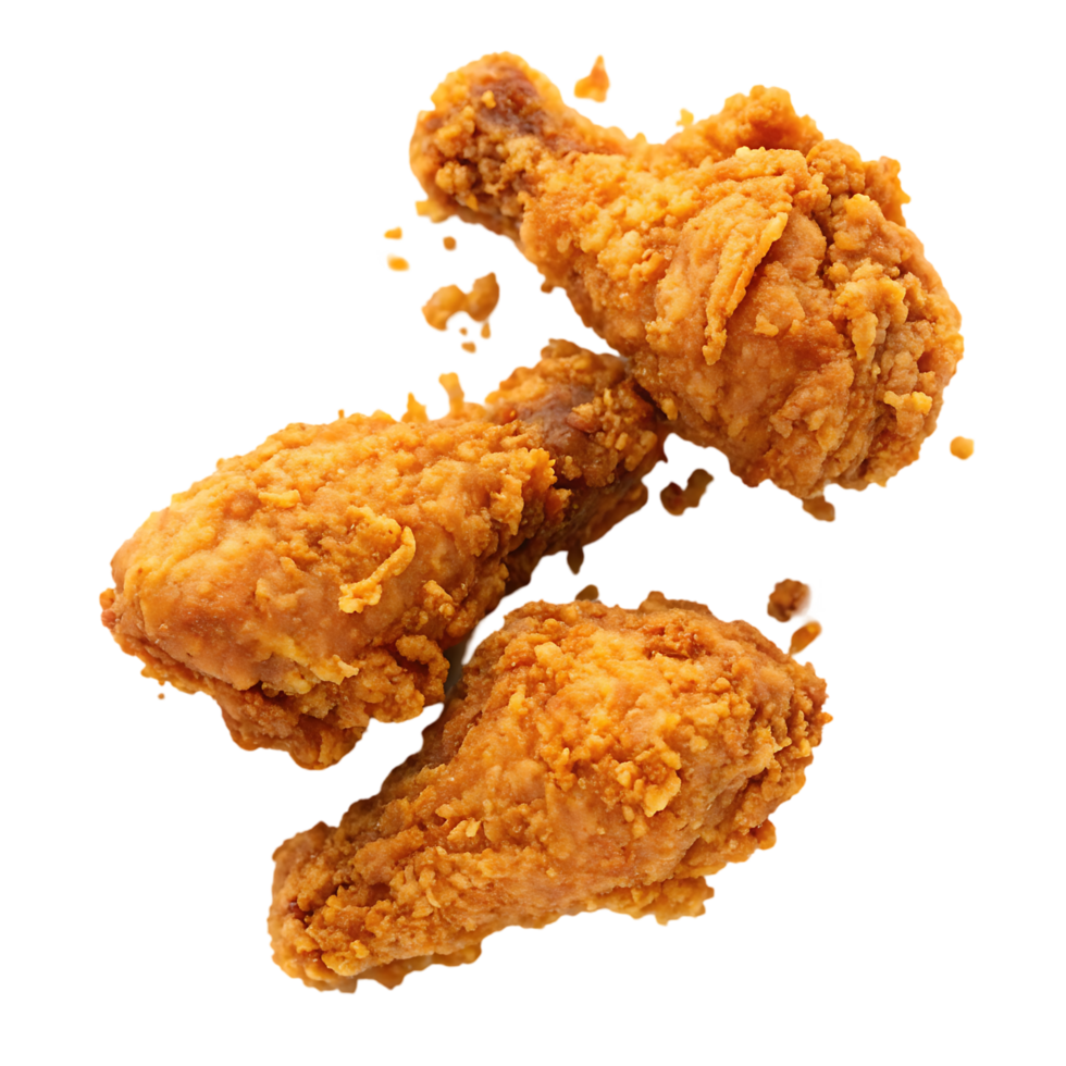 Three delicious crispy fried chicken drumsticks. png
