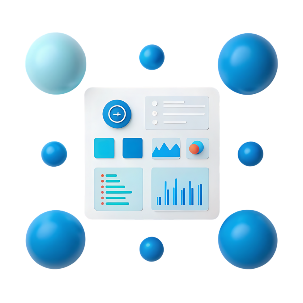 3D illustration of a data dashboard with connected spheres. png