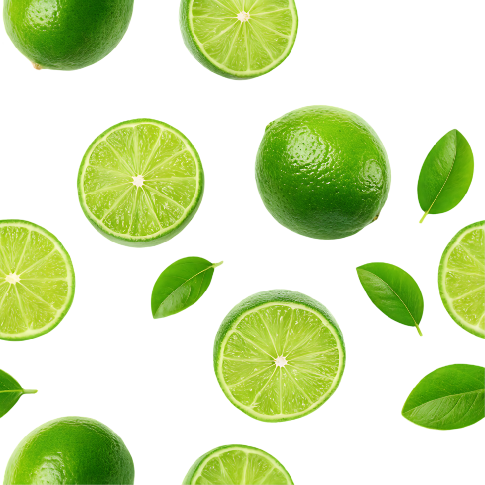 Fresh limes and leaves pattern. Perfect for summer drinks and food backgrounds. png