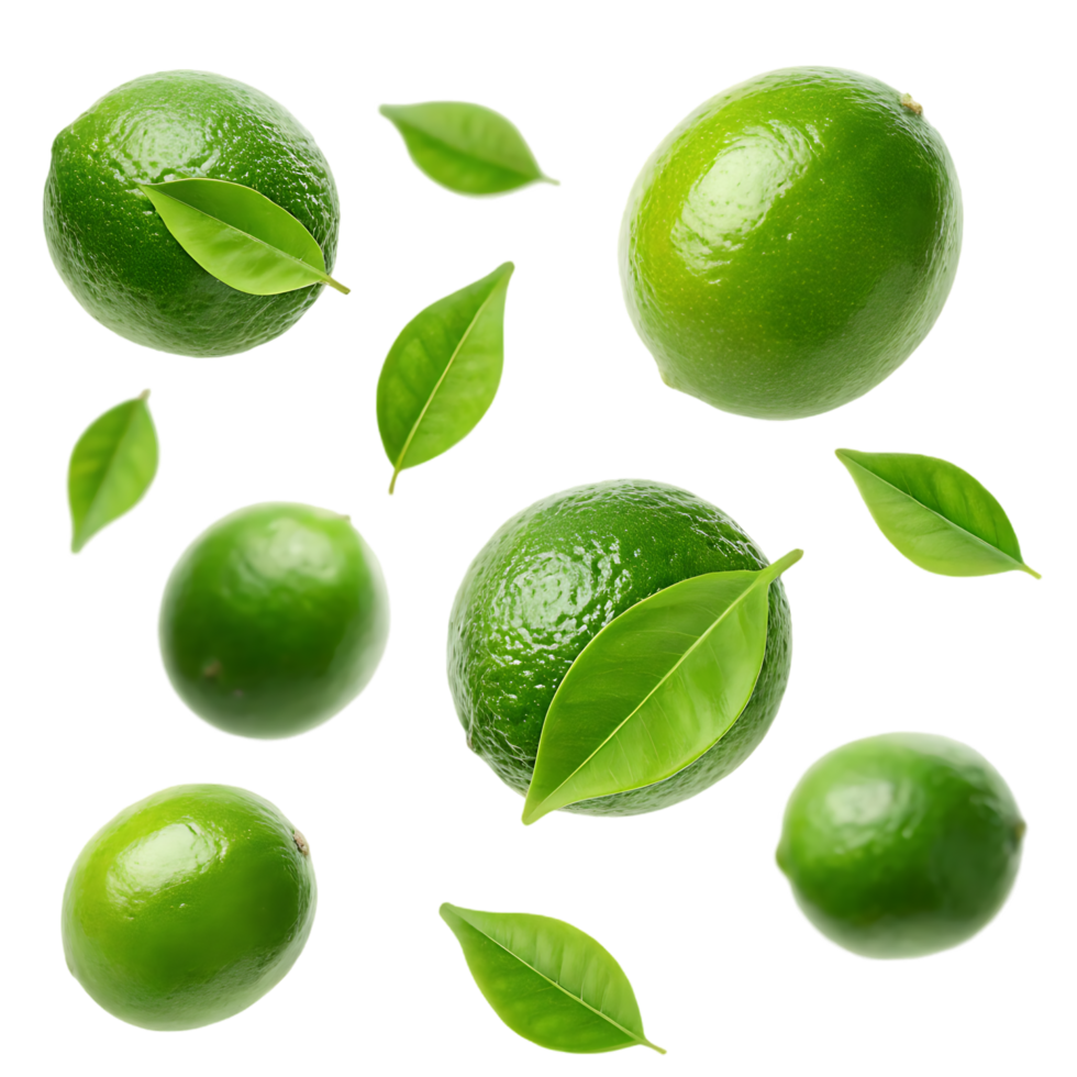 Fresh limes and leaves, falling on black background png