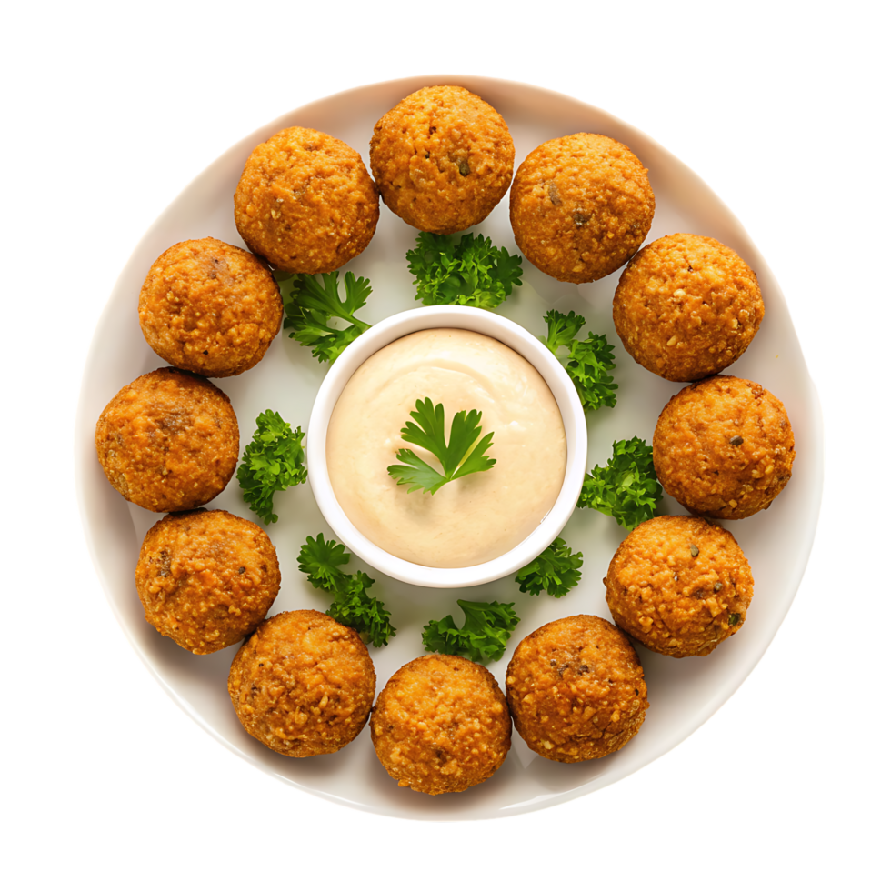 Delicious falafel balls arranged on a plate with tahini sauce and parsley. png