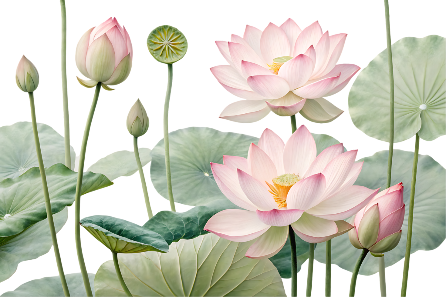 Pink lotus flowers and buds with green leaves png