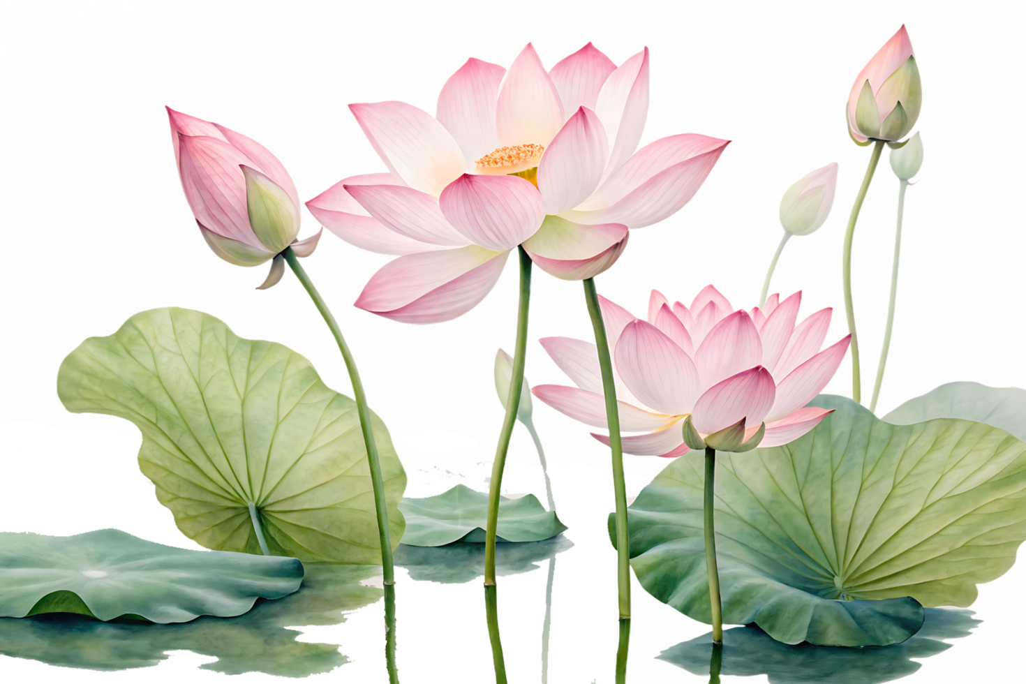 Pink lotus flowers in bloom with lily pads png