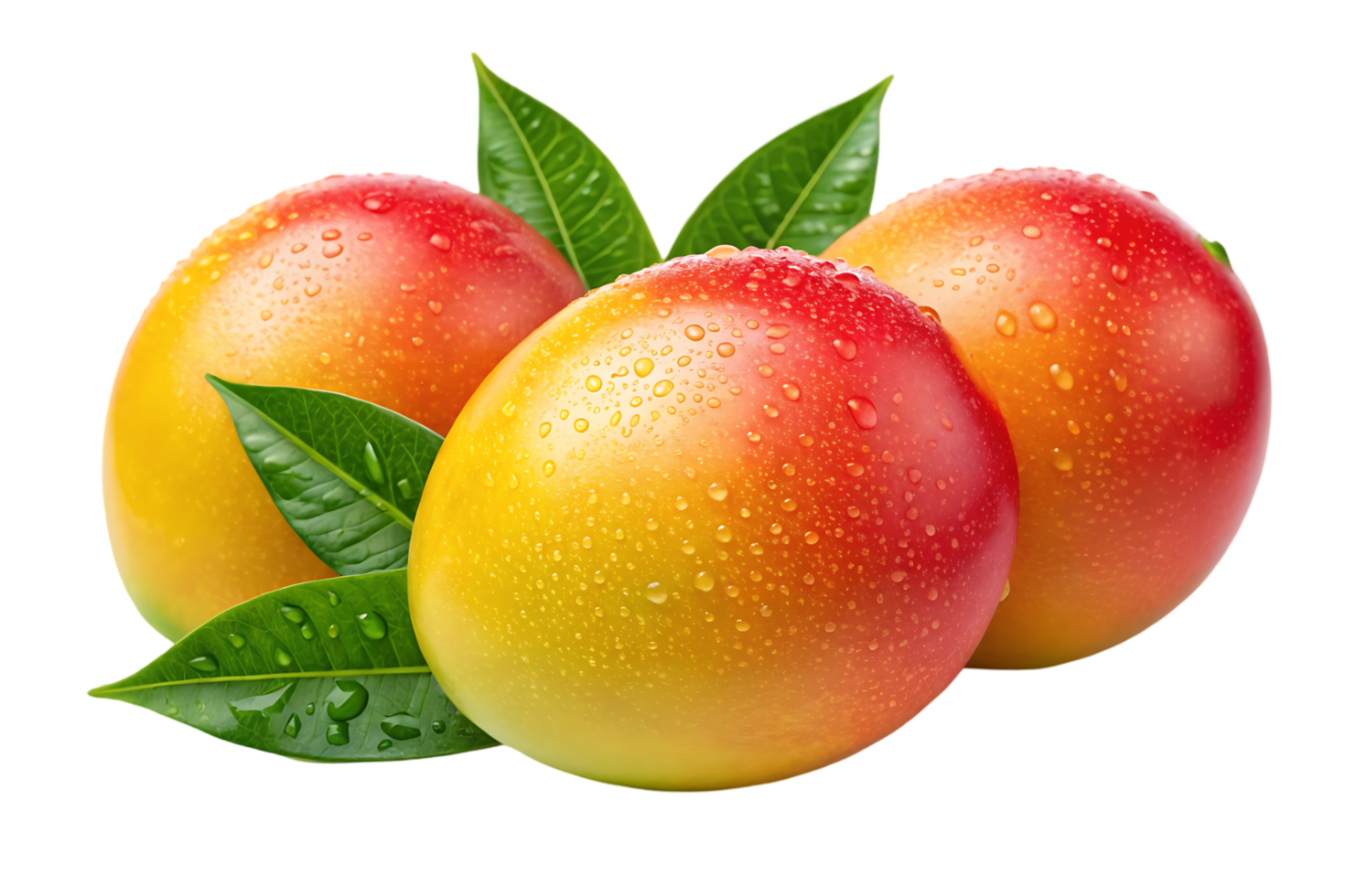Three ripe mangoes with green leaves png