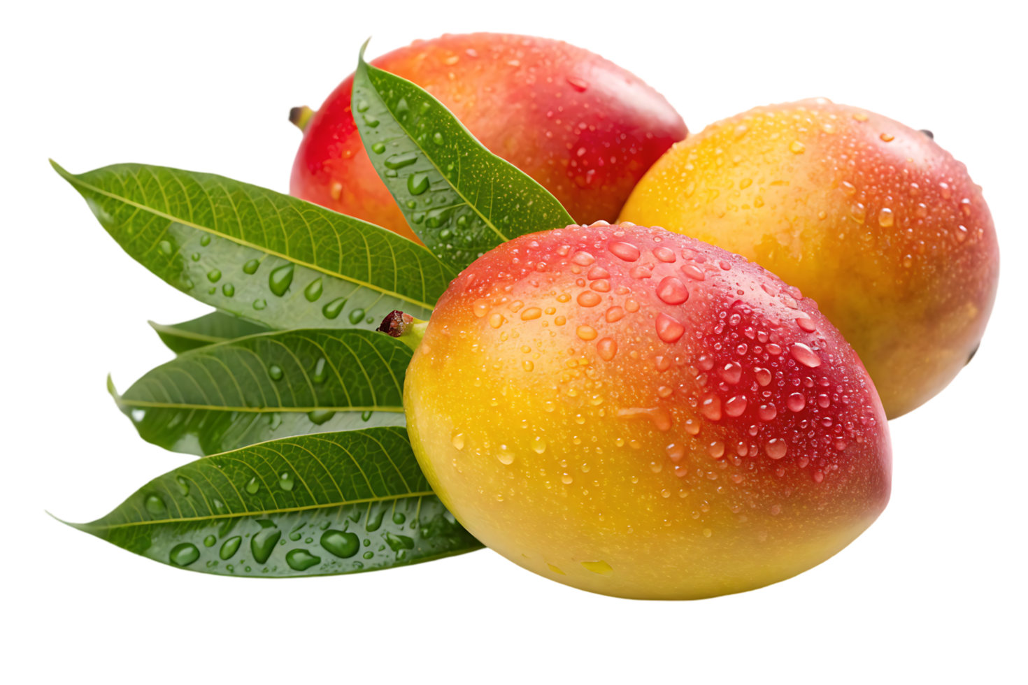 Three ripe mangoes with water droplets and green leaves png