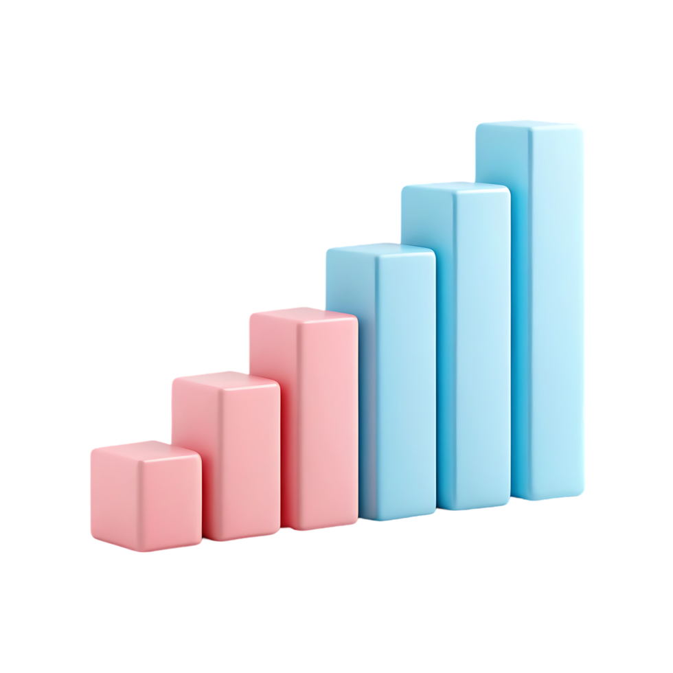 Pink and blue 3D bar graph showing growth. png