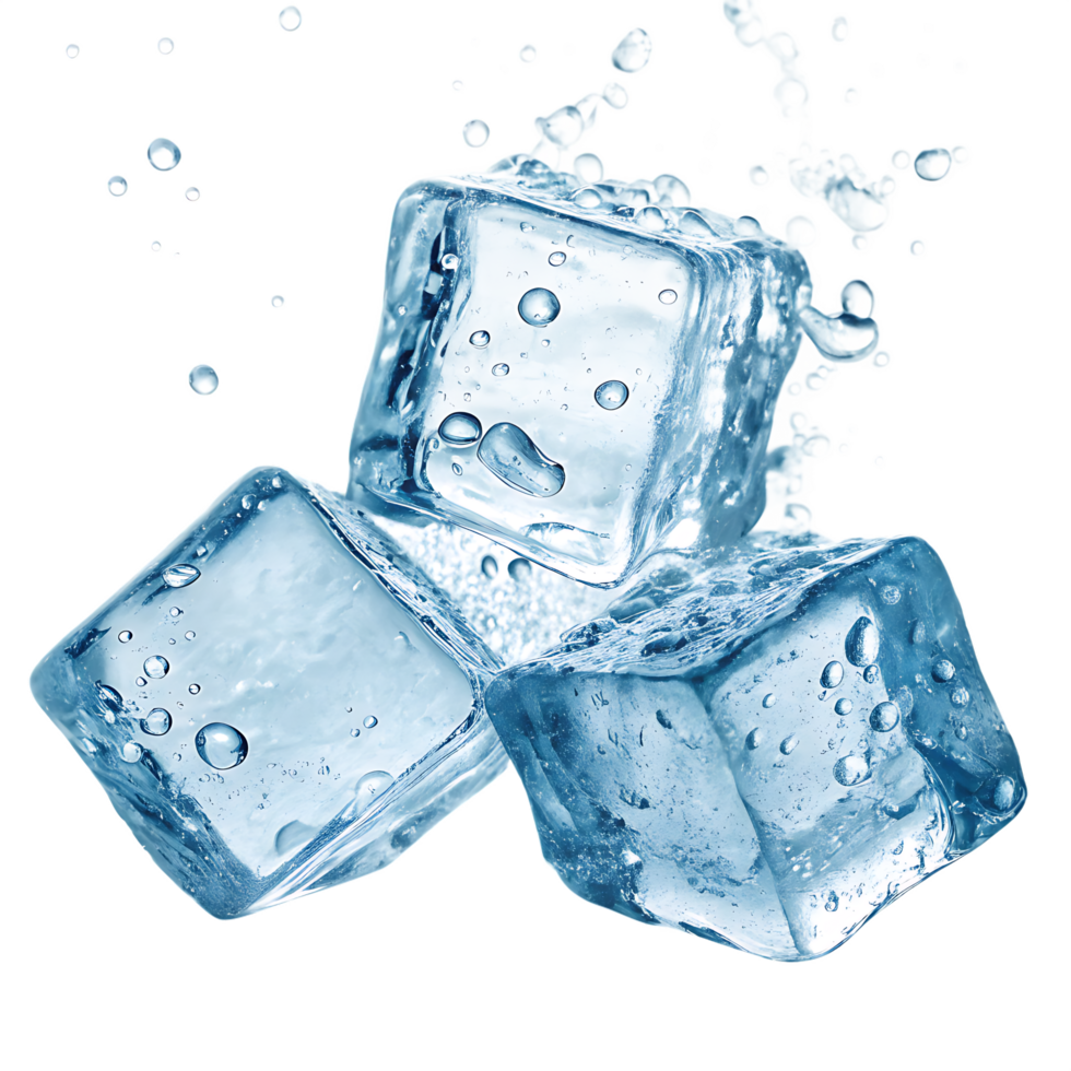 Three ice cubes splashing in water. Refreshing, cool, and clean. png