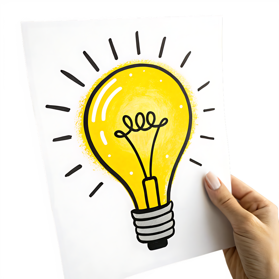 Hand holding a drawing of a lightbulb, idea concept png
