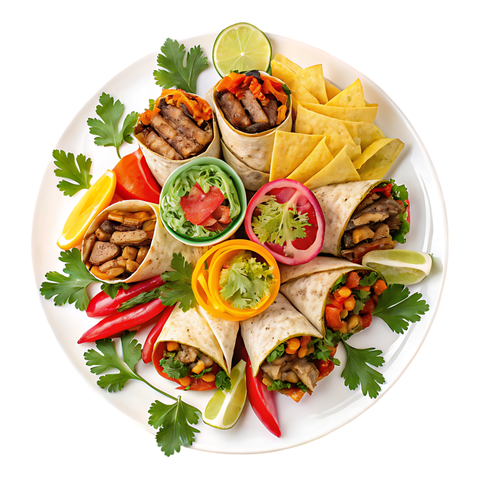 Delicious burrito platter with various fillings and toppings. png