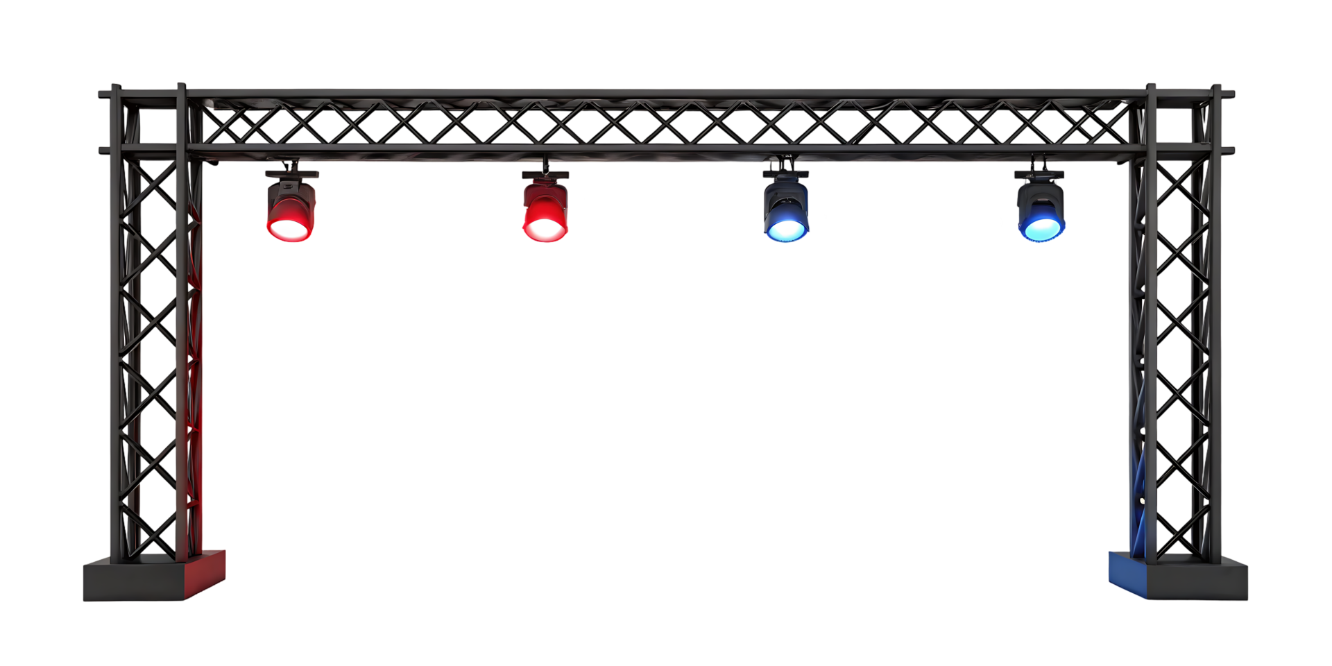 Stage lighting truss with spotlights. Isolated on black background. png