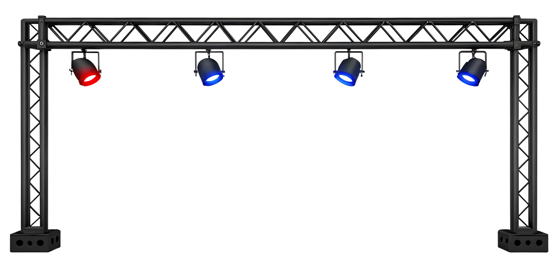 Stage lighting rig with red and blue spotlights. png