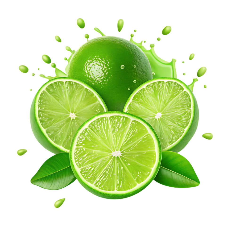 Fresh limes with juice splash. Healthy food and drink concept. png