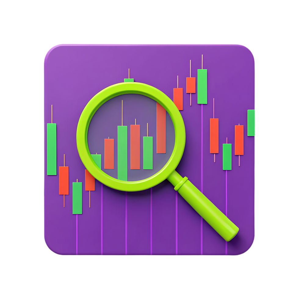 Magnifying glass analyzing a candlestick chart. png