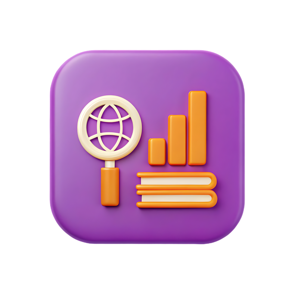 3D icon, global research, data analysis, and learning. png
