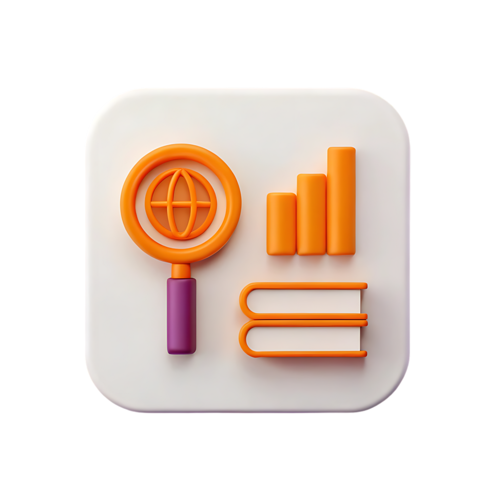 3D icon set, Magnifying glass, books, and bar chart. Global research concept. png