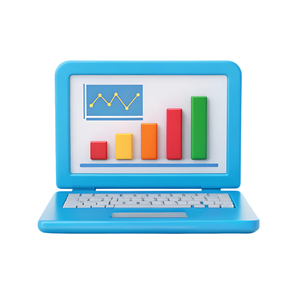 Laptop screen displaying colorful bar and line graphs. png