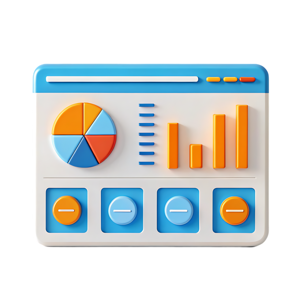 3D illustration of a data dashboard with charts and graphs. png
