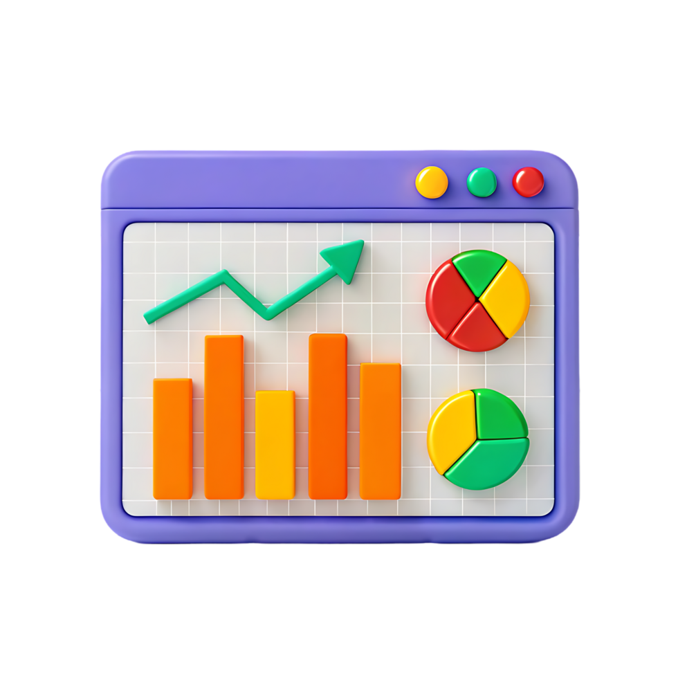 3D illustration of colorful charts and graphs on a computer screen. png