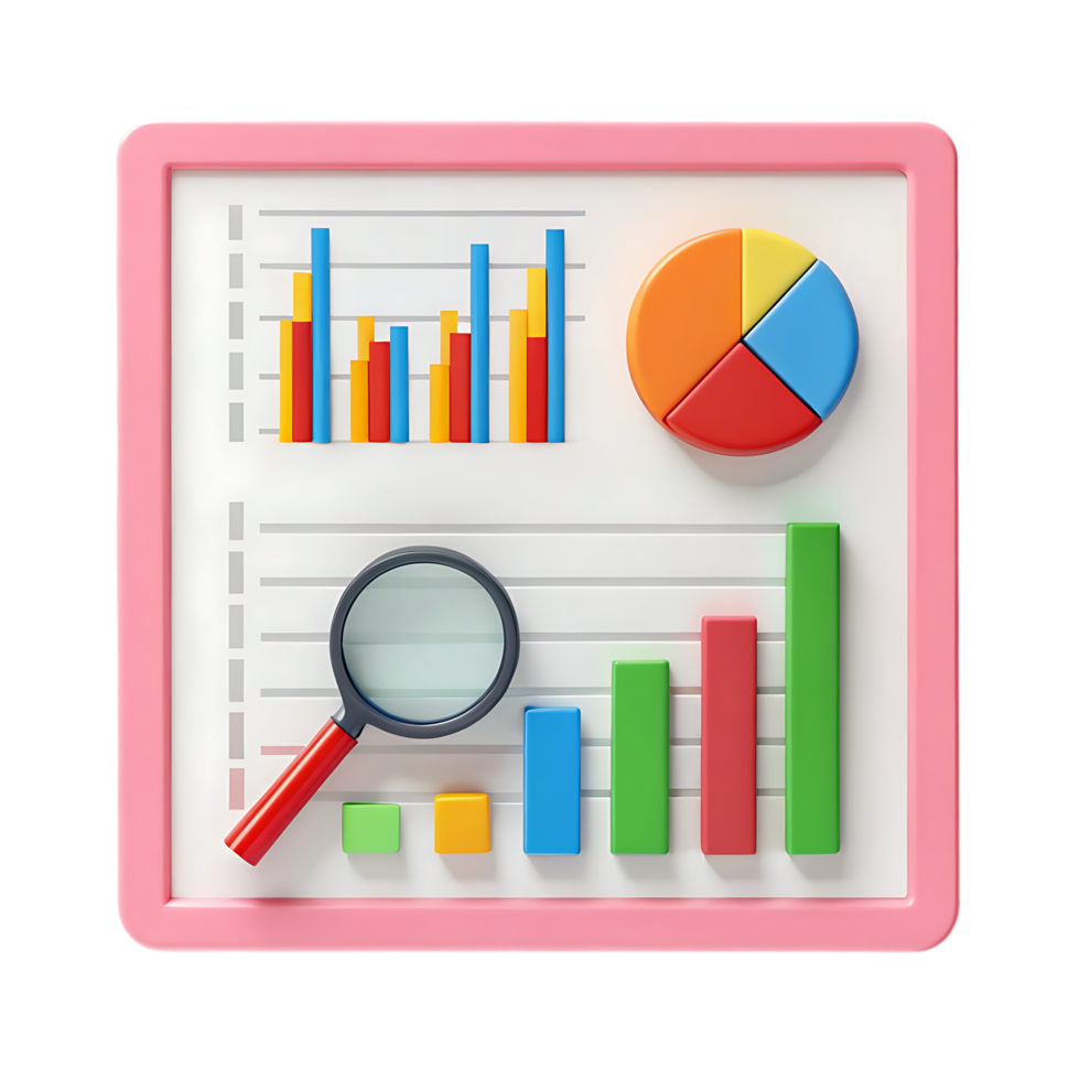 Colorful 3D charts and graphs on a whiteboard. png