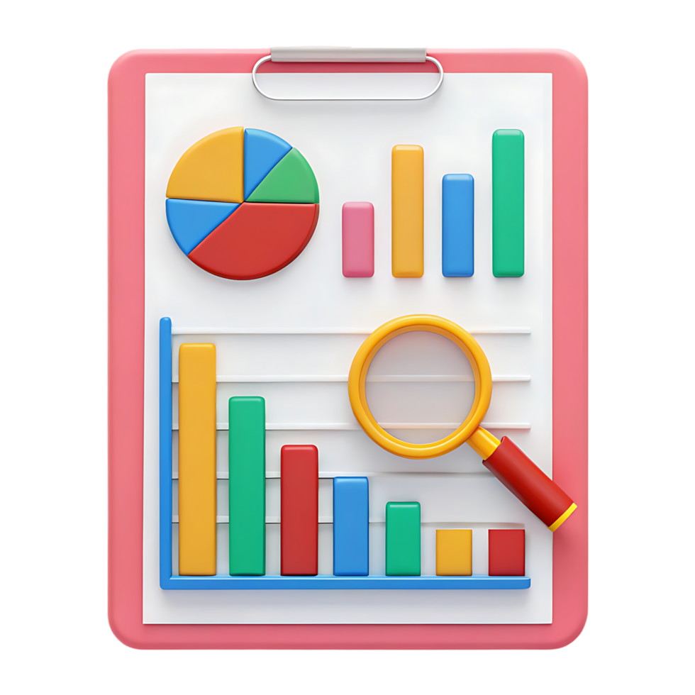 Colorful charts and magnifying glass on clipboard. png