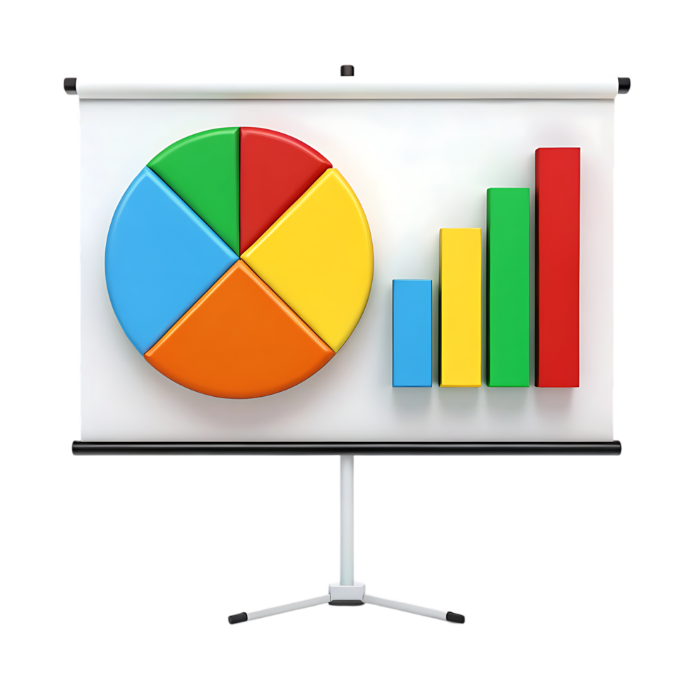 Colorful pie chart and bar graph on a projector screen. png
