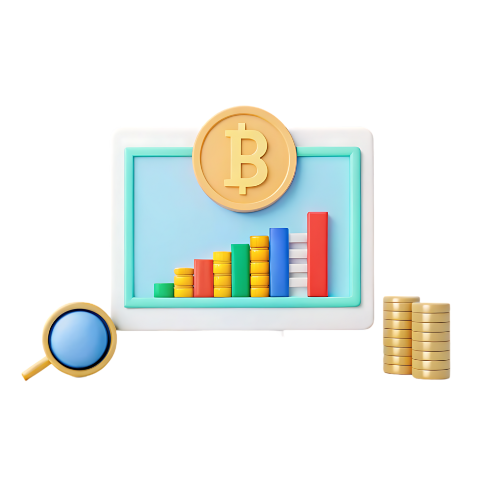 Bitcoin price growth chart, magnifying glass, and coins. png