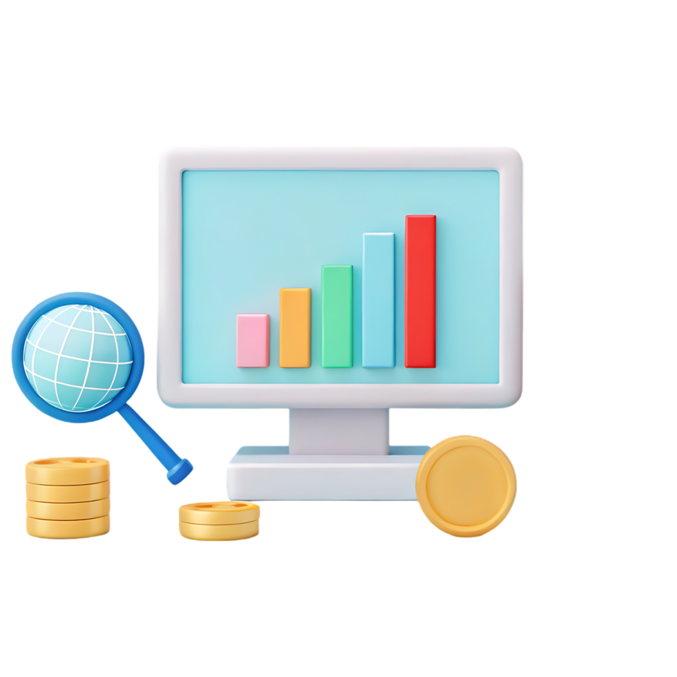3D render of global business growth, financial success, and data analysis. png