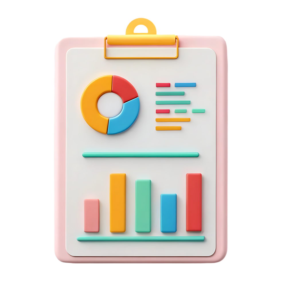 Colorful 3D illustration of a clipboard with charts and graphs. png
