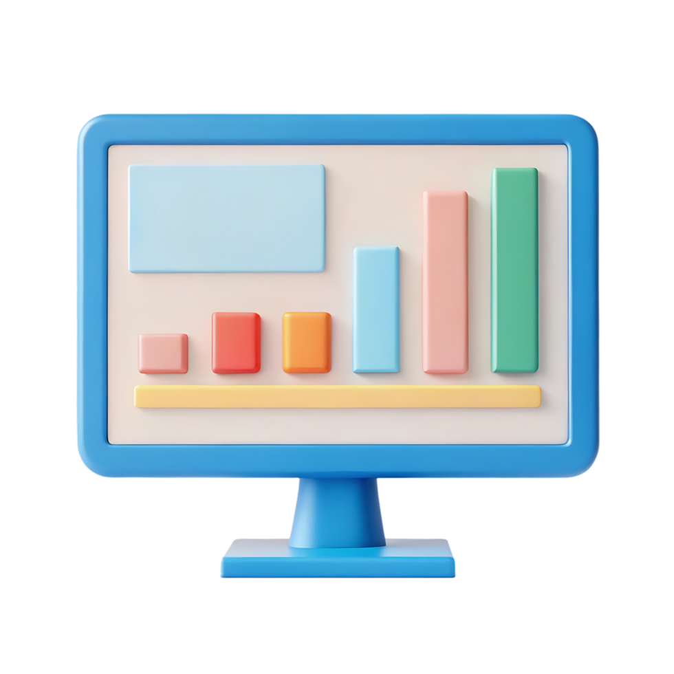Colorful 3D render of a computer monitor displaying a bar graph. png